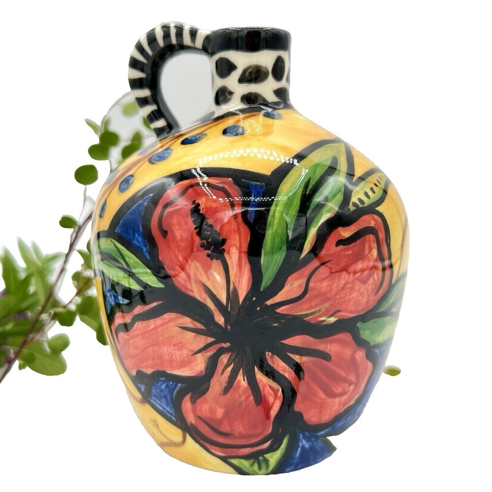Hand Painted Vase Jug Vintage Art Pottery Bright Bold Signed Maggi 2001